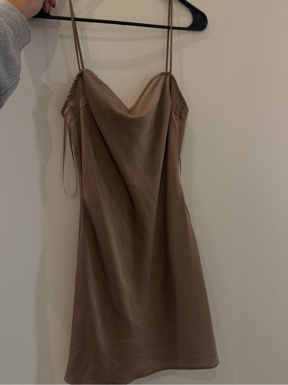 Cotton Candy Taupe Satin Cowl Mini Dress - Picture 2 of 3